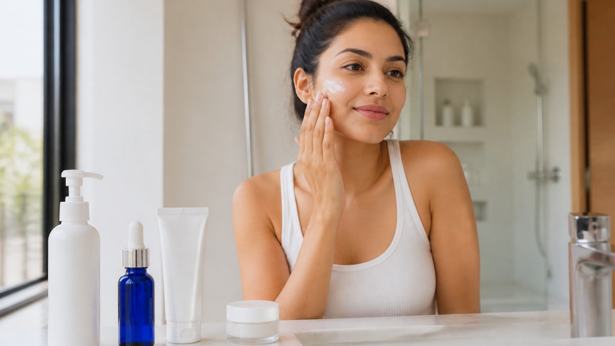 A woman applying dermatologist recommended products for acne in a bright bathroom to protect her skin barrier.