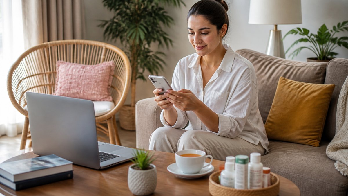 A person using a smartphone to browse an online pharmacy app in a bright living room, with a laptop and a cup of tea on the table
