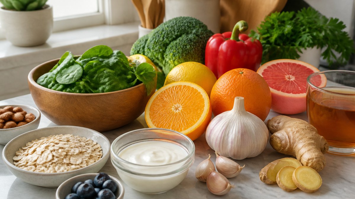 A bright kitchen counter with a colourful spread of whole foods, citrus fruits, garlic, ginger, leafy greens, a bowl of yogurt, oats and a cup of tea, shot in natural daylight