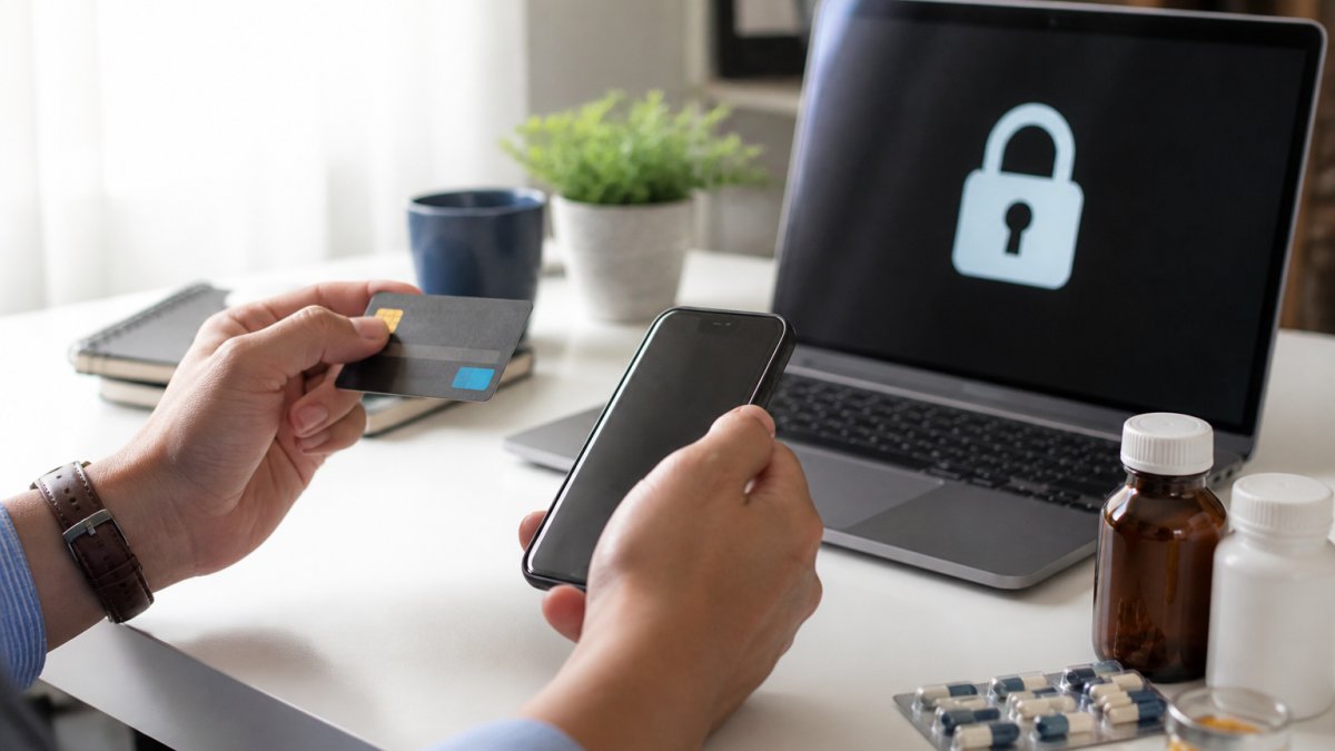 Infographic showing steps to protect credit card data during a secure pharmacy checkout on mobile devices